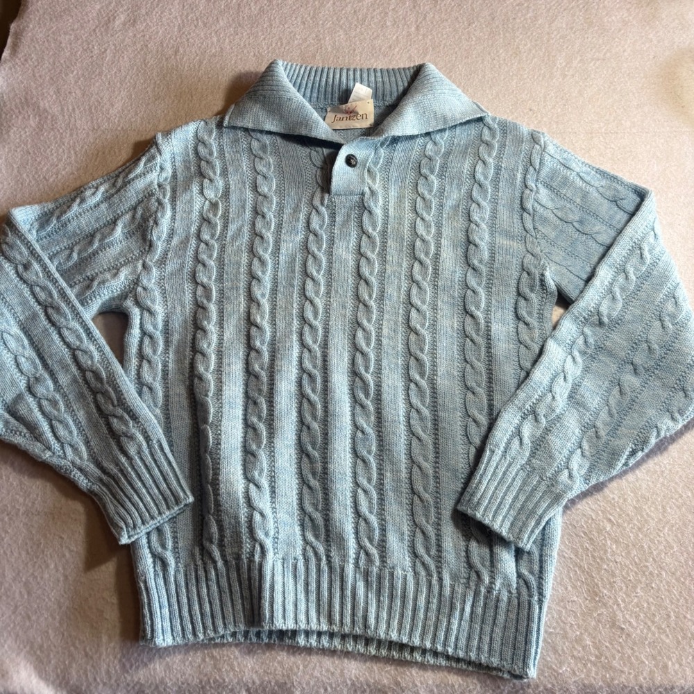Vintage Jantzen Mens Cable Knit Sweater Light Blue‎ Shawl Collar Pullover Size L